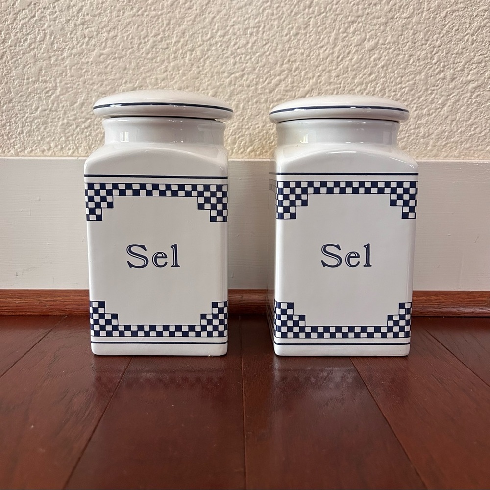 Vintage French Lustucru Style Sel (salt) Canisters Blue White Ceramic Set 2